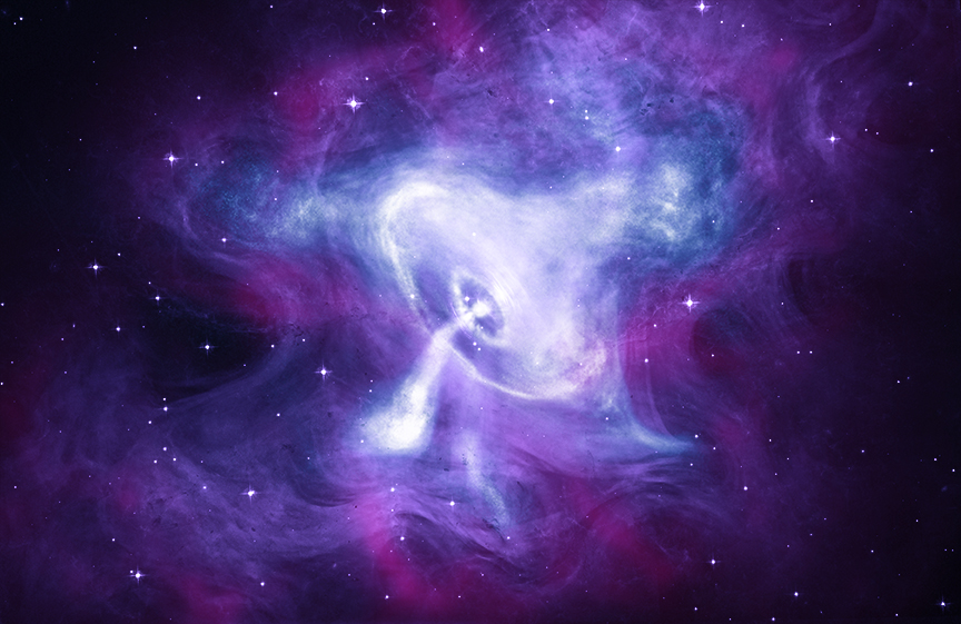 A new composite image of the Crab Nebula features X-rays from Chandra (blue and white), optical data from Hubble (purple), and infrared data from Spitzer (pink). Chandra has repeatedly observed the Crab since the telescope was launched into space in 1999. The Crab Nebula is powered by a quickly spinning, highly magnetized neutron star called a pulsar, which was formed when a massive star ran out of its nuclear fuel and collapsed. The combination of rapid rotation and a strong magnetic field in the Crab generates an intense electromagnetic field that creates jets of matter and anti-matter moving away from both the north and south poles of the pulsar, and an intense wind flowing out in the equatorial direction.